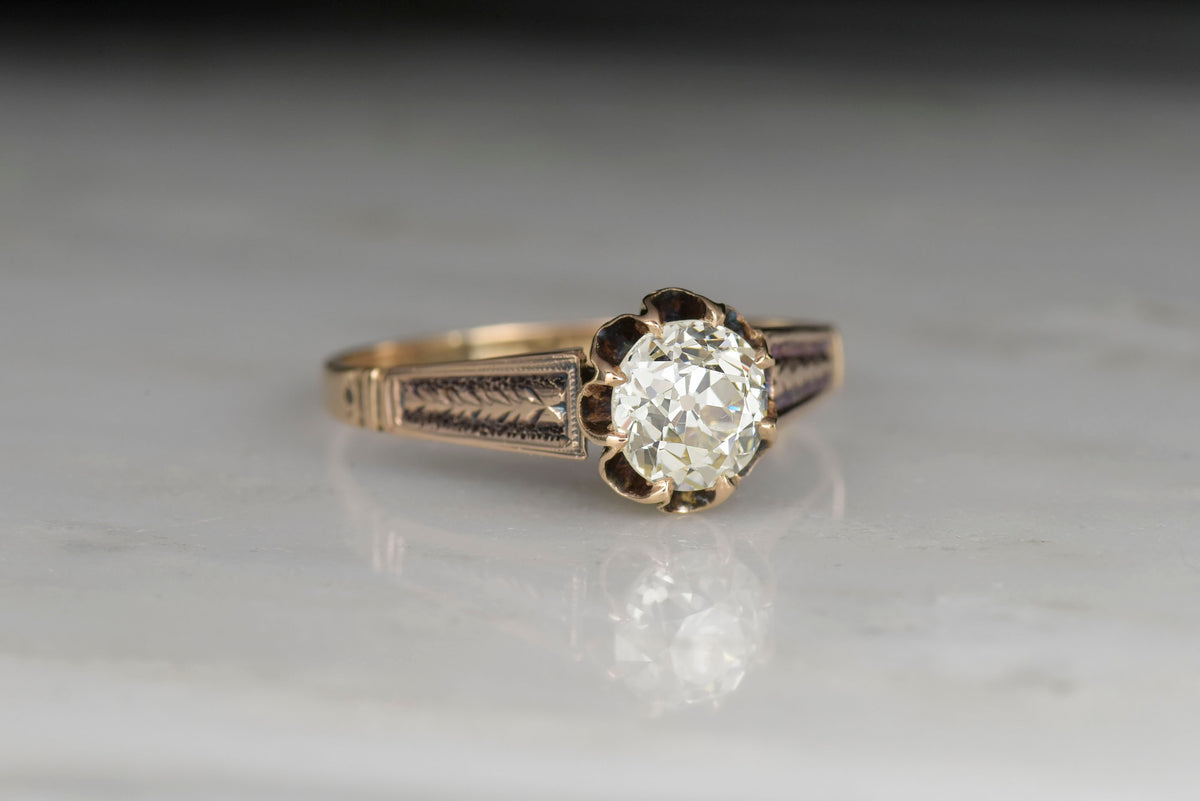 Victorian Solitaire Buttercup Engagement Ring with a .91 Carat Old Mine Cut Diamond