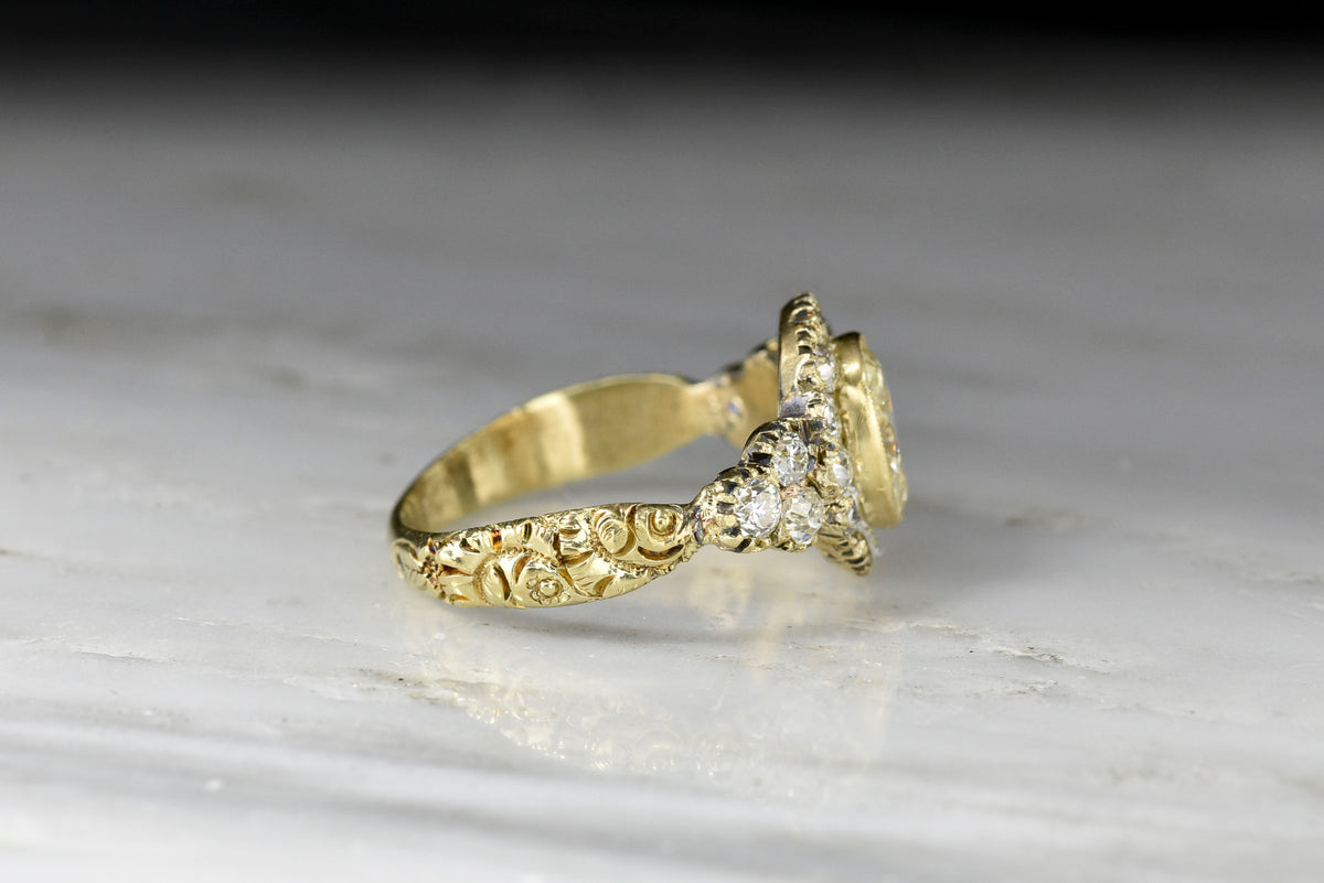 Late Victorian Diamond Cluster Ring with Ornate Deep-Relief Engraving