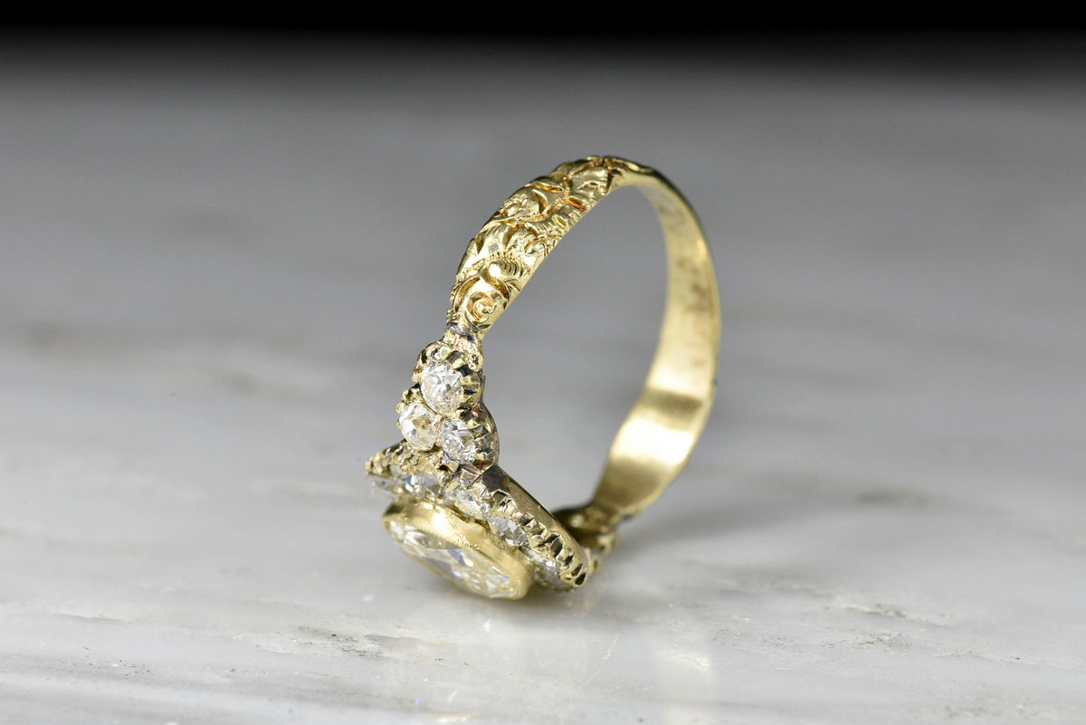 Late Victorian Diamond Cluster Ring with Ornate Deep-Relief Engraving