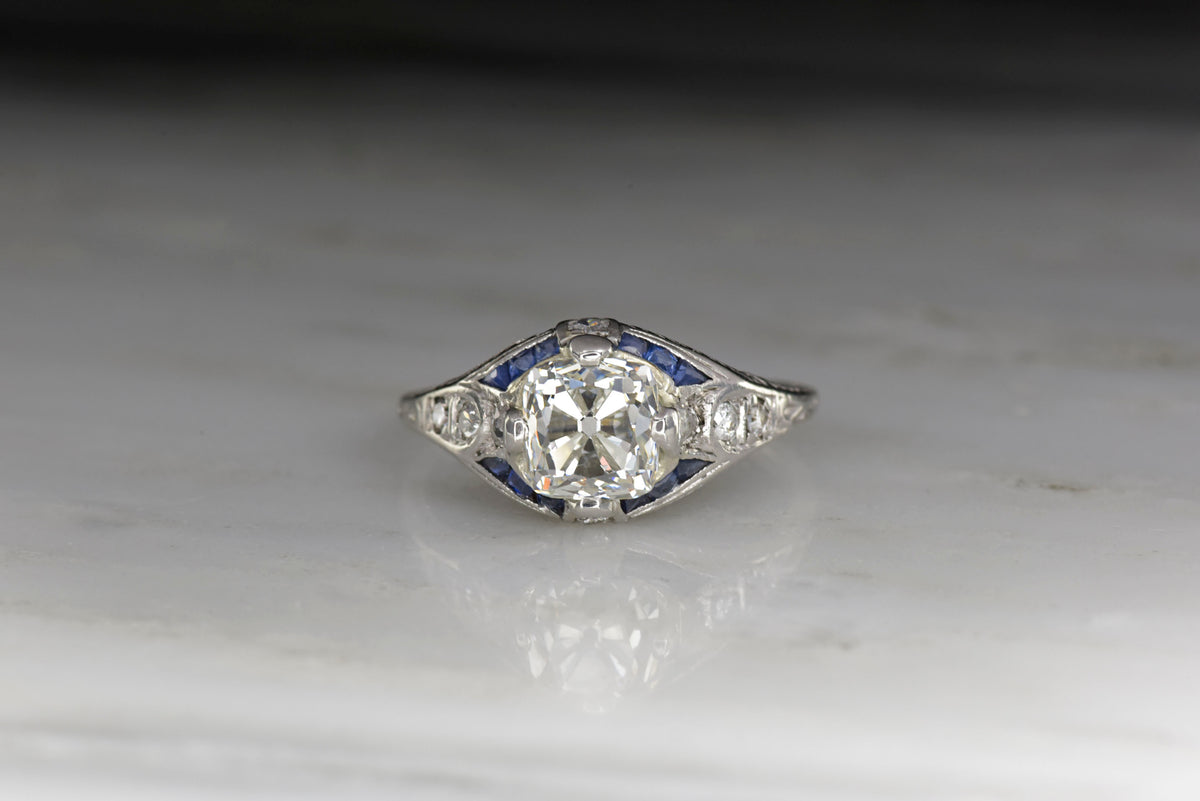 Art Deco 1.50 Carat Old Mine Cut Diamond Engagement Ring with Sapphires