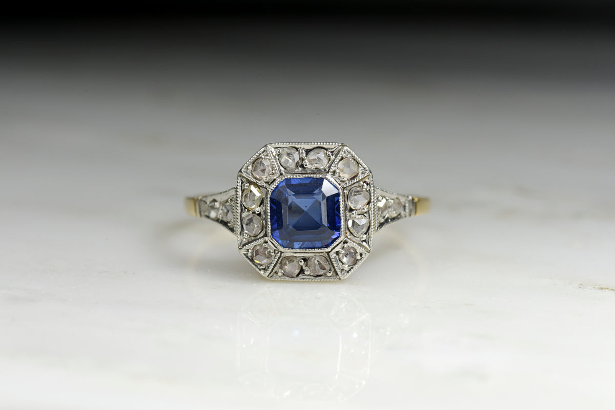 Antique Victorian Verneuil Sapphire and Rose Cut Diamond Ring in Gold and Platinum