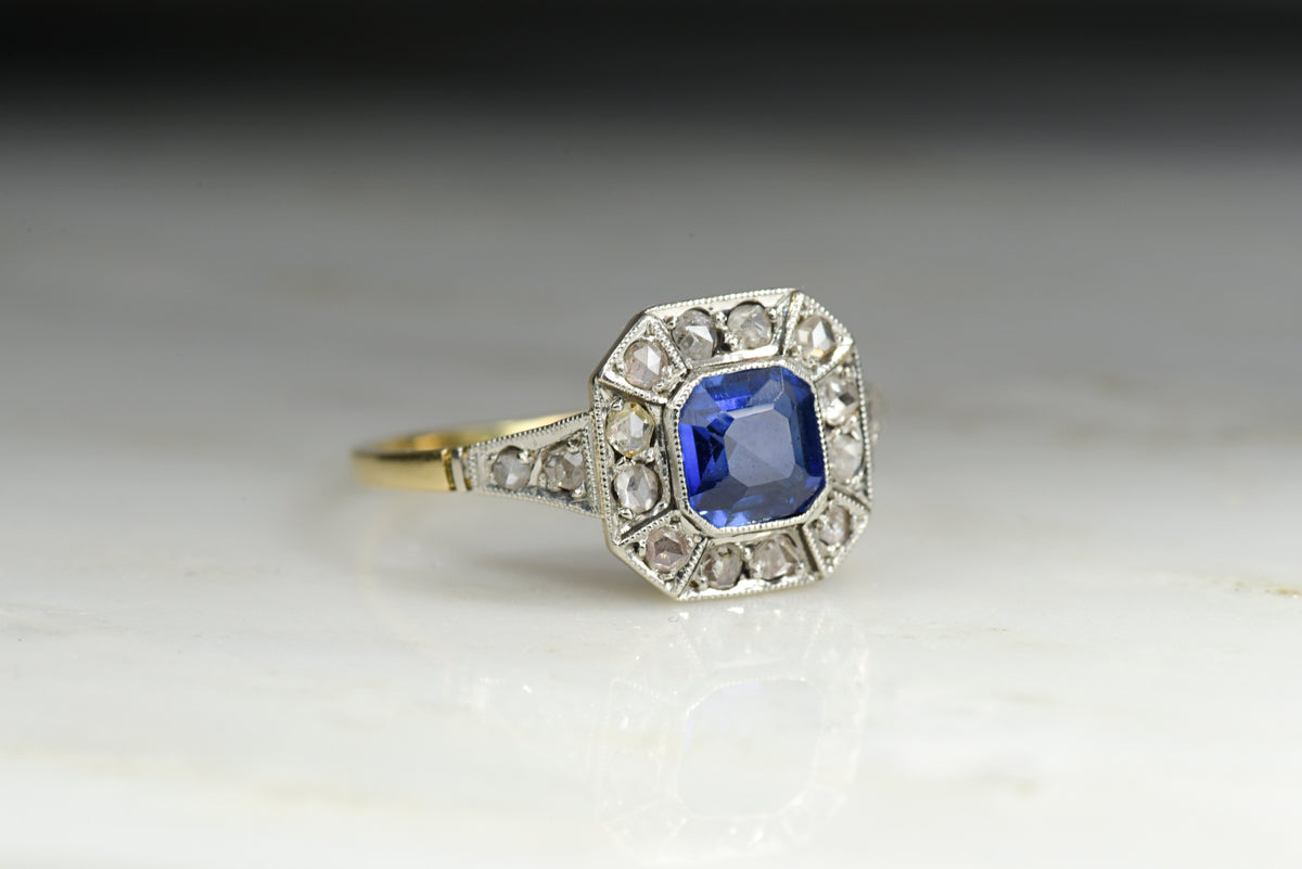 Antique Victorian Verneuil Sapphire and Rose Cut Diamond Ring in Gold and Platinum