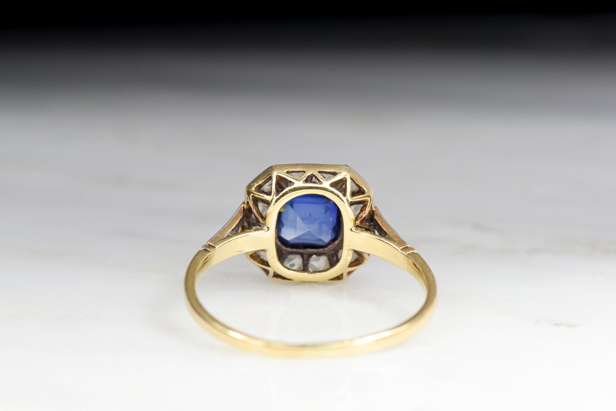 Antique Victorian Verneuil Sapphire and Rose Cut Diamond Ring in Gold and Platinum