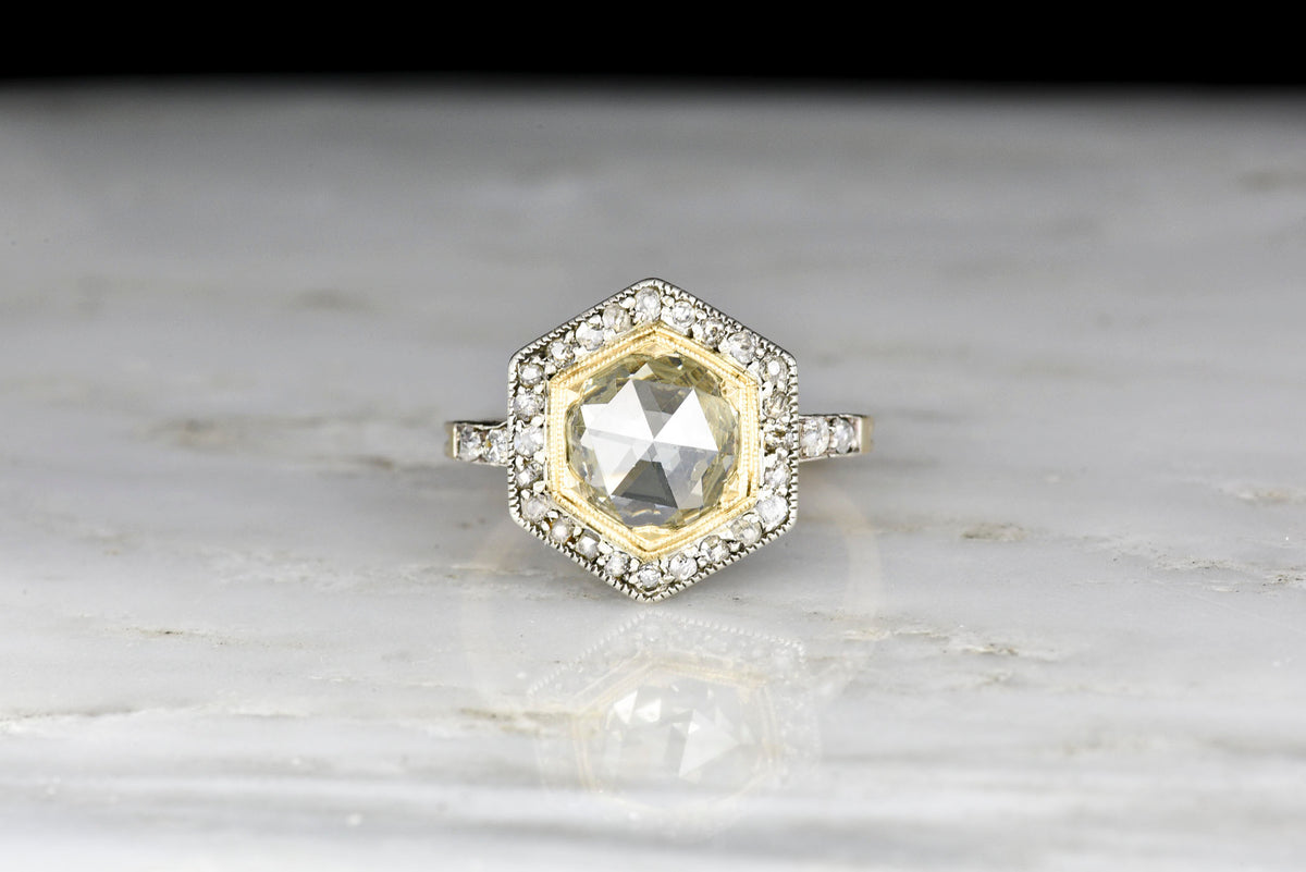 Victorian Hexagonal Two-Toned Ring with an Antique 1.94 Carat Rose Cut Diamond Center