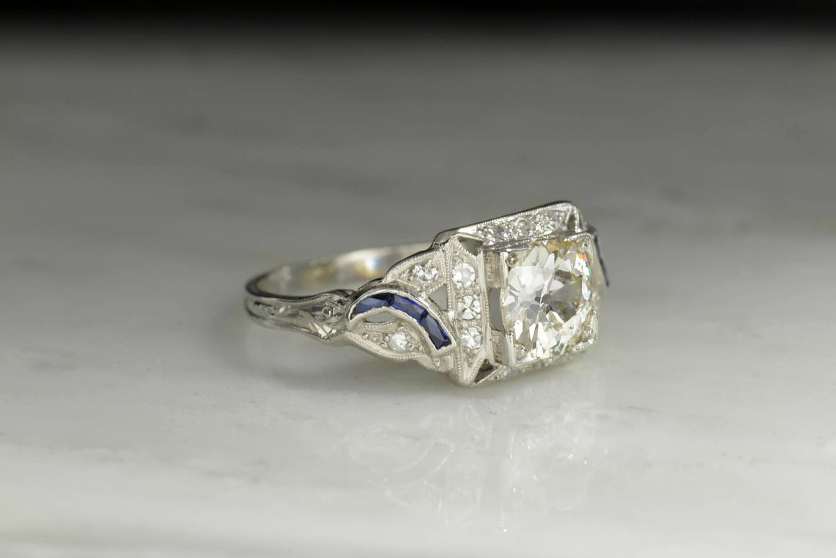 Art Deco Old European Cut Diamond and Sapphire Engagement Ring