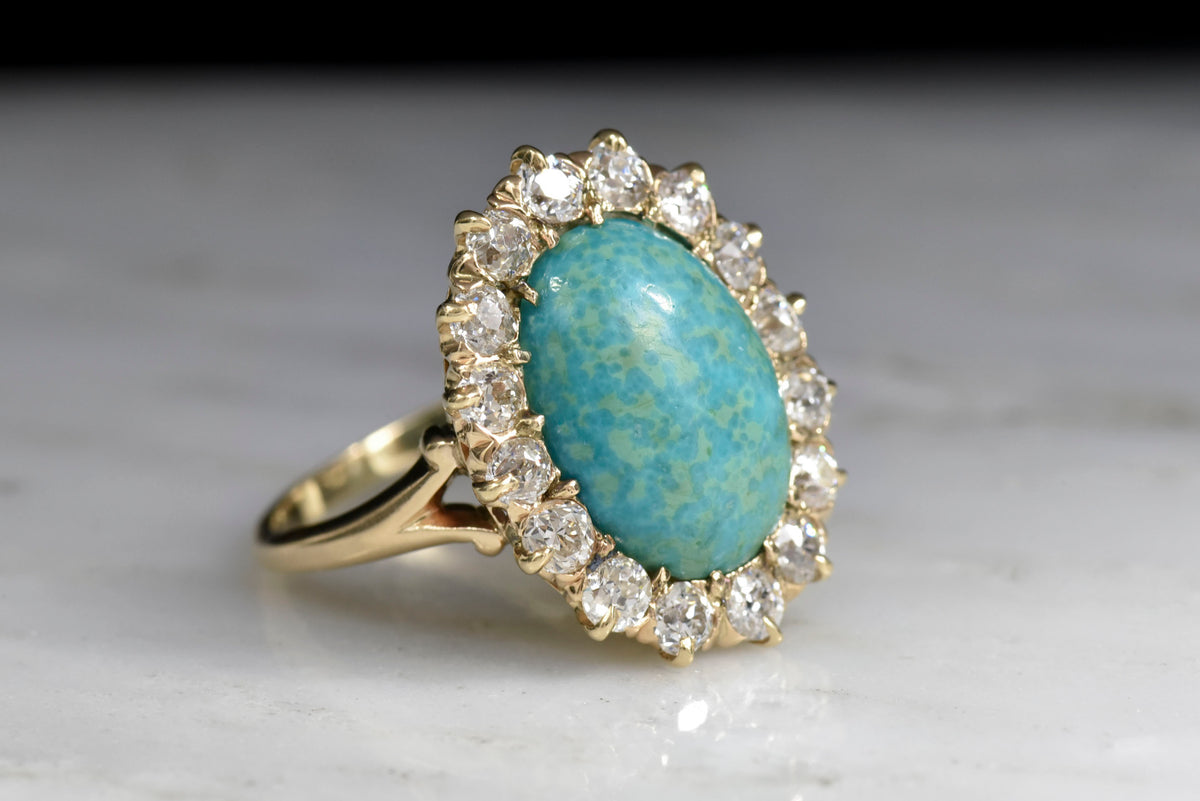 Victorian Turquoise and Old Mine Cut Diamond Halo Ring