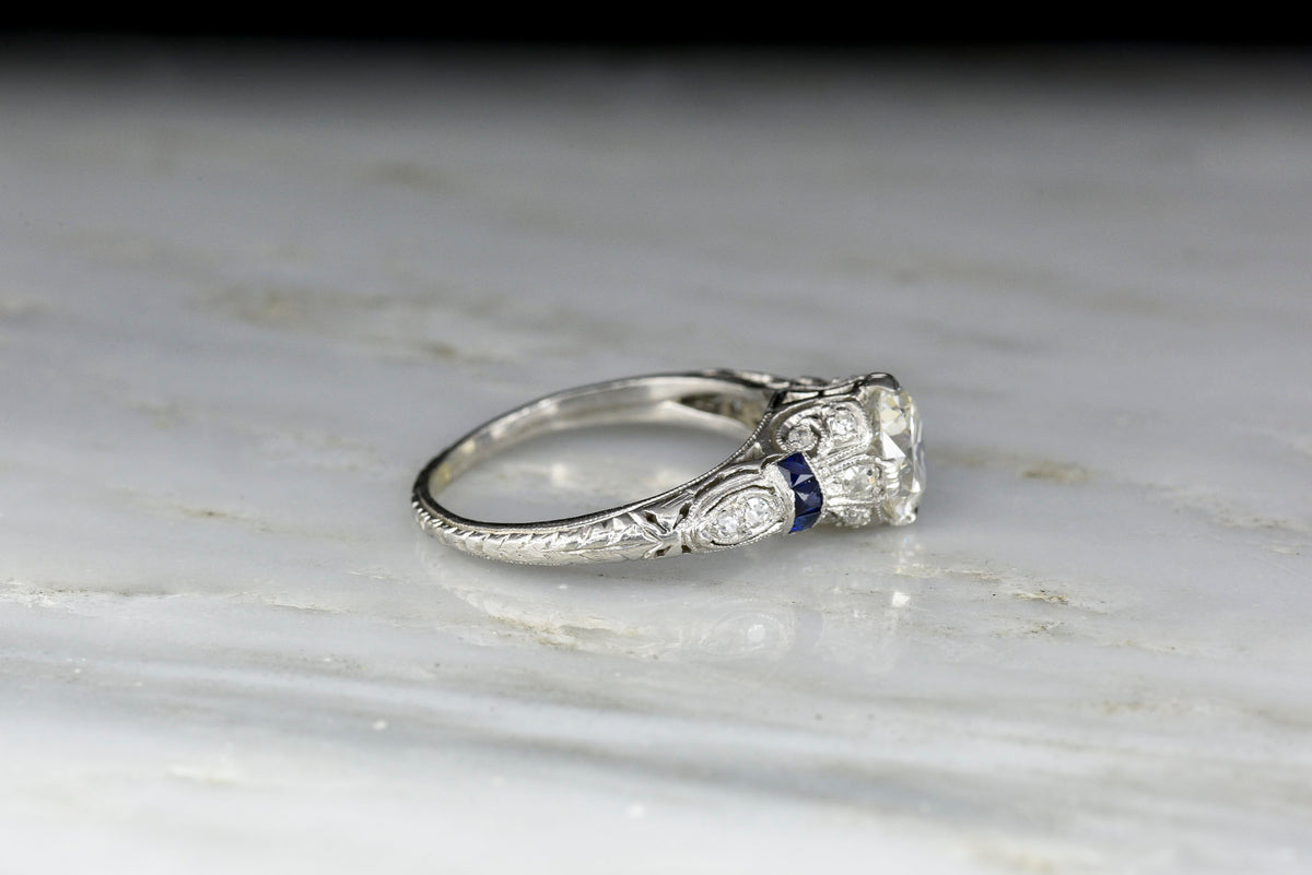 c. 1920s Transitional Cut GIA Diamond and Sapphire Engagement Ring