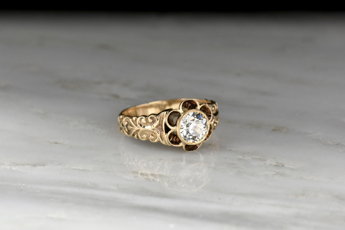 Victorian Bezel-in-Buttercup Diamond Ring with Ornate Engraving
