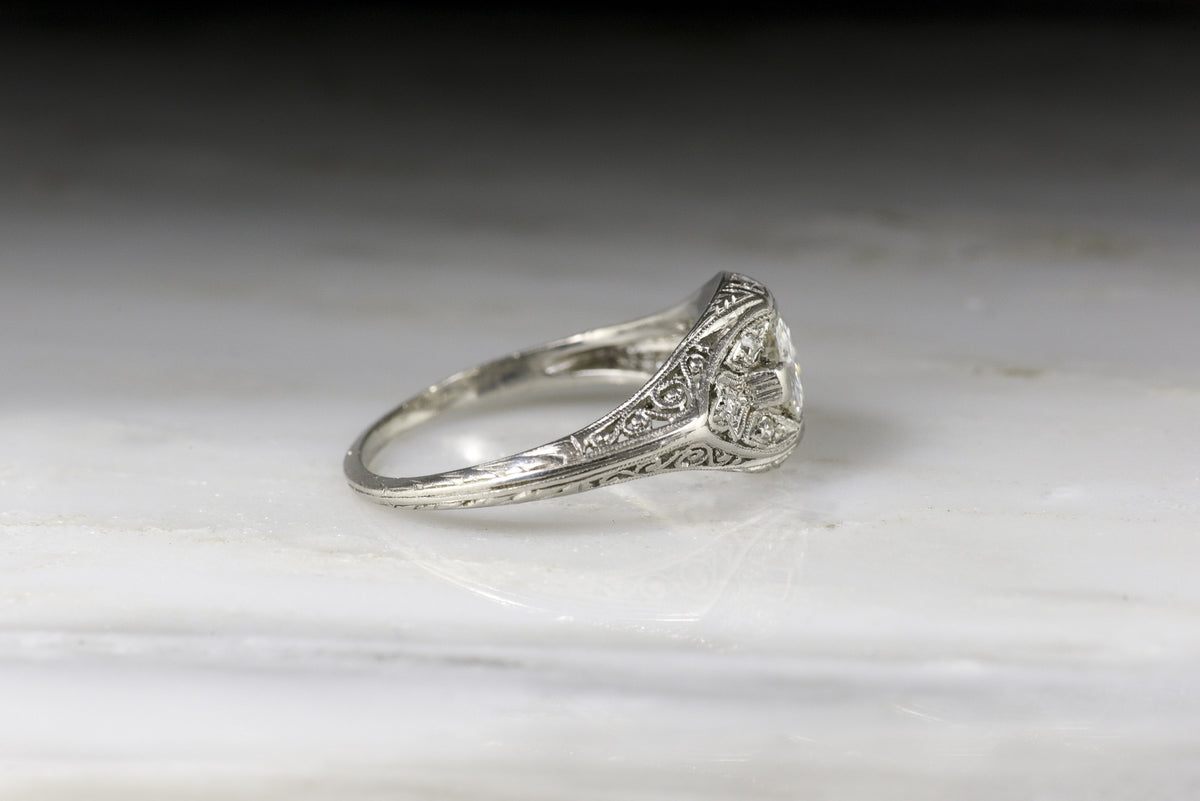Ornate Edwardian / Art Deco Engagement Ring with an Old European Cut Diamond Center