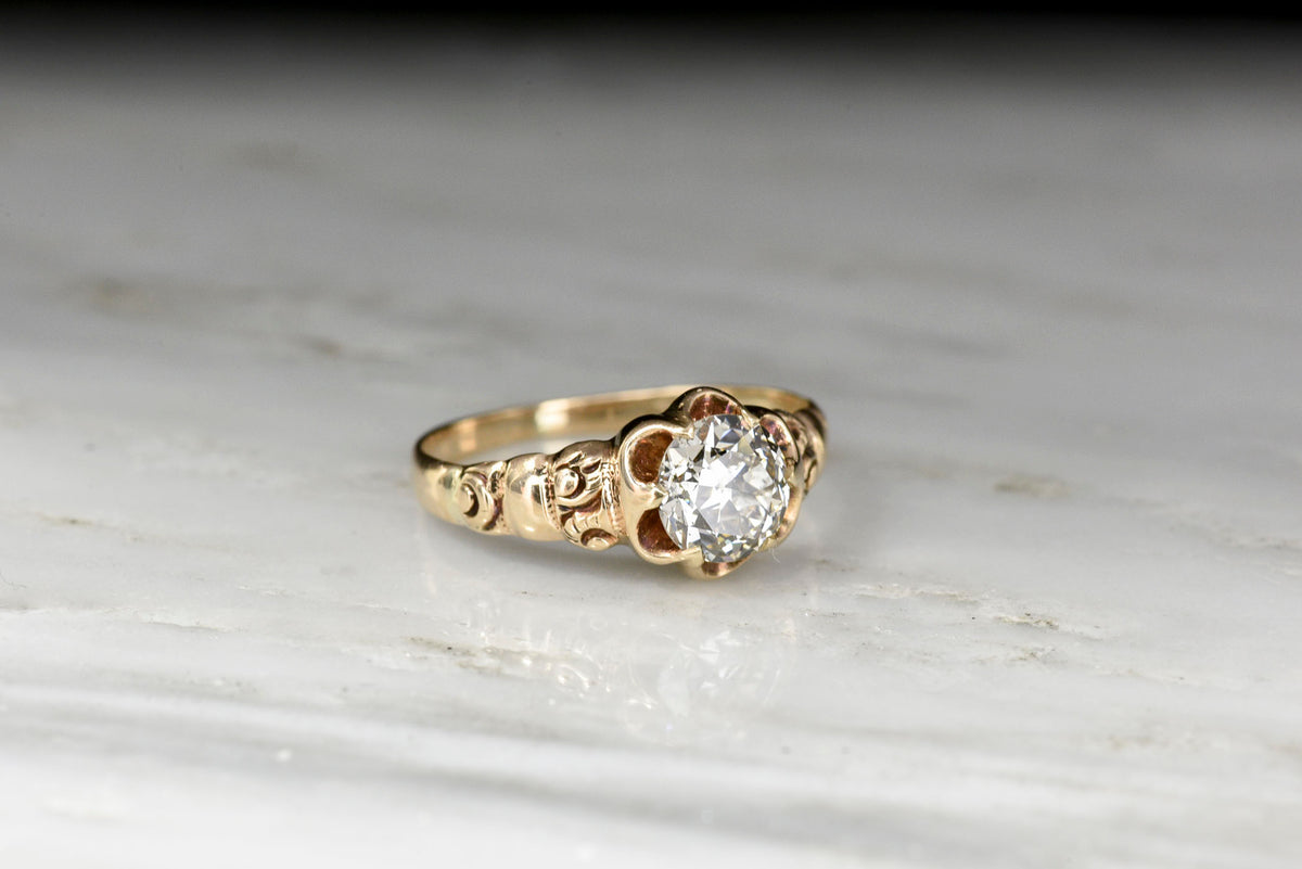 Victorian Six-Prong Buttercup Engagement Ring with Deep-Relief Engraving