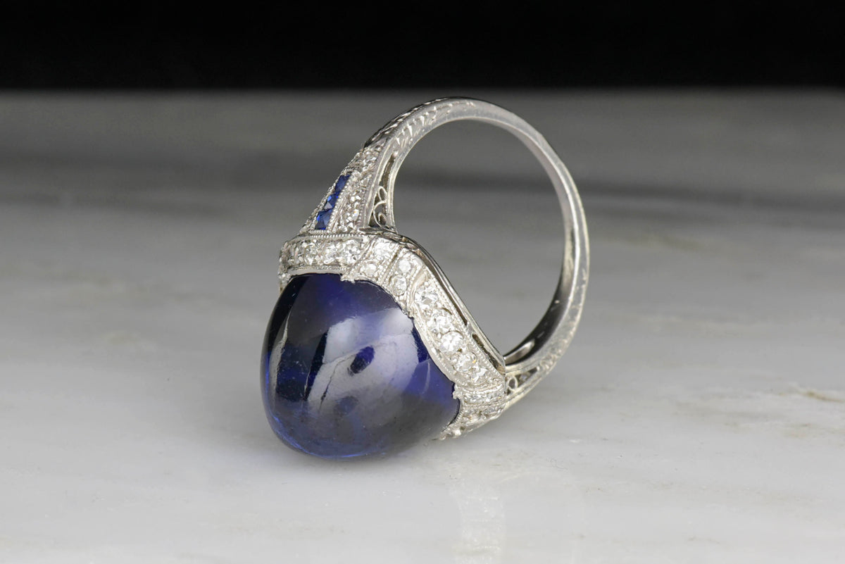 Art Deco Platinum and Diamond Ring with the Original Lab Sugarloaf Sapphire