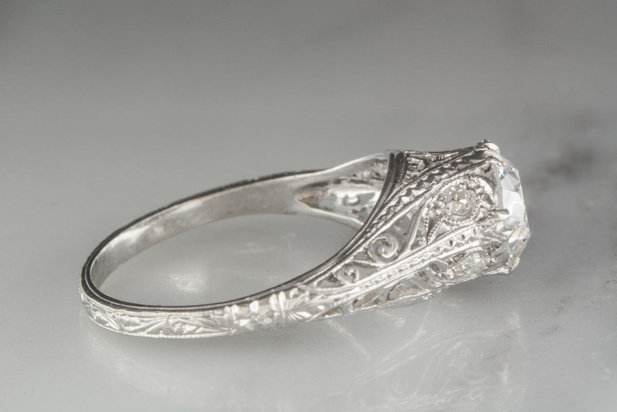 1.28 Carat Old European Cut Diamond in Platinum Edwardian / Art Deco Engagement Ring with Single Cut Diamond Accents