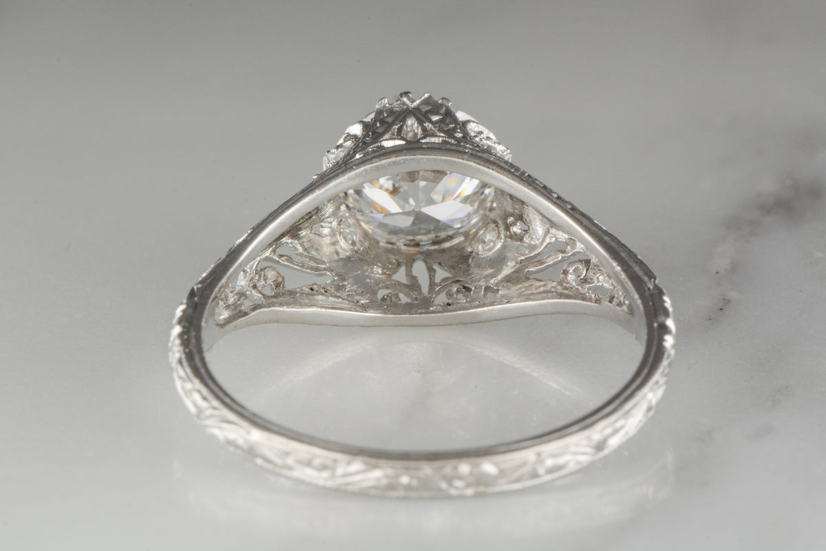 1.28 Carat Old European Cut Diamond in Platinum Edwardian / Art Deco Engagement Ring with Single Cut Diamond Accents