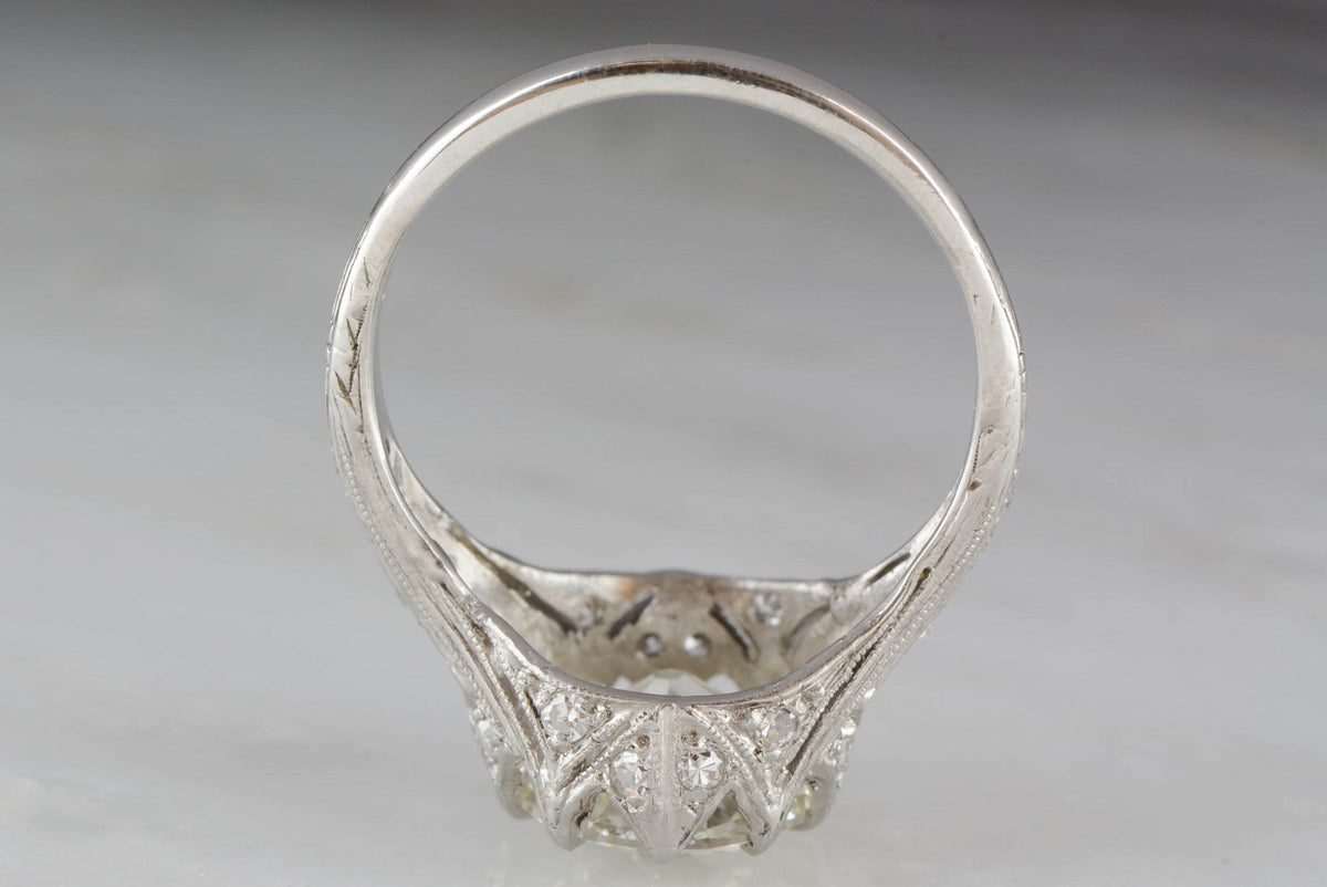 2.55 Carat Old European Cut Diamond High-Edwardian Platinum Engagement Ring with .50ctw Diamond Accents