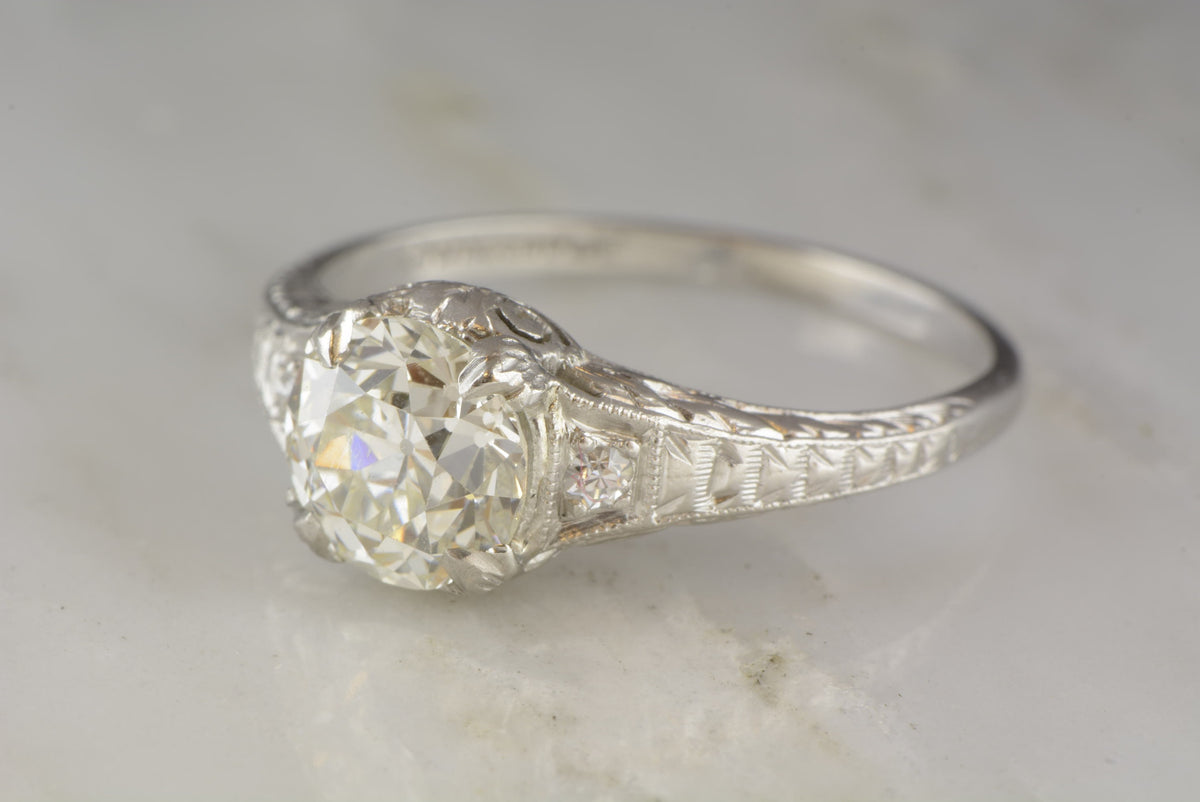 1.30ct Platinum Edwardian / Early Art Deco Old European Cut Diamond Engagement Ring with Single Cut Diamond Accents