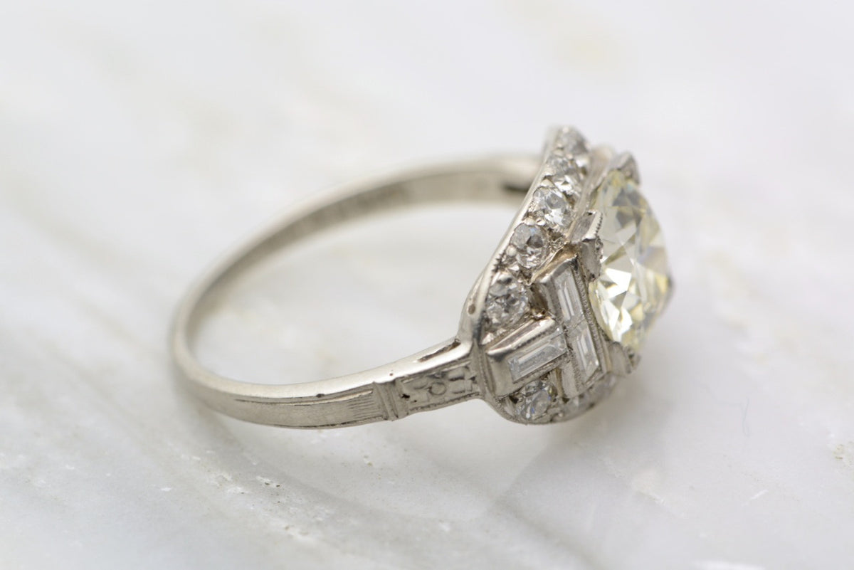 2.25ctw Edwardian Platinum Engagement / Cocktail Ring: 1.5ct Old European Cut Diamond and .75ct Emerald and Single Cut Diamonds