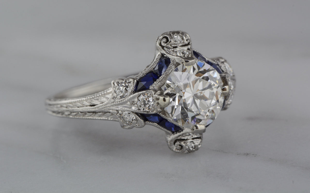 2.25ctw Edwardian / French Regal Platinum Engagement Ring with 1.50 Cart Old European Cut Diamond Center