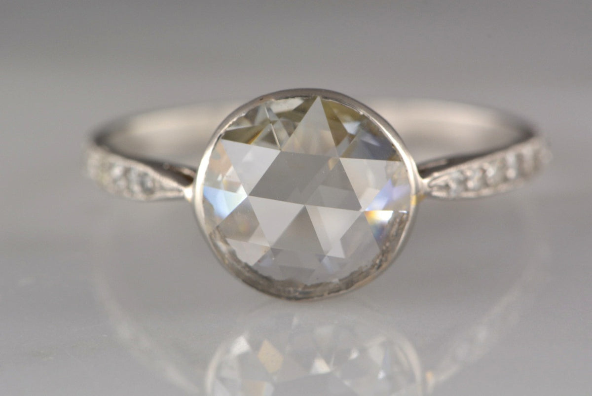 1.51ctw Art Deco / Mid-Century 1.31ct Bezel Set Rose Cut Diamond Engagement Ring in Platinum with .20ctw Single Cuts