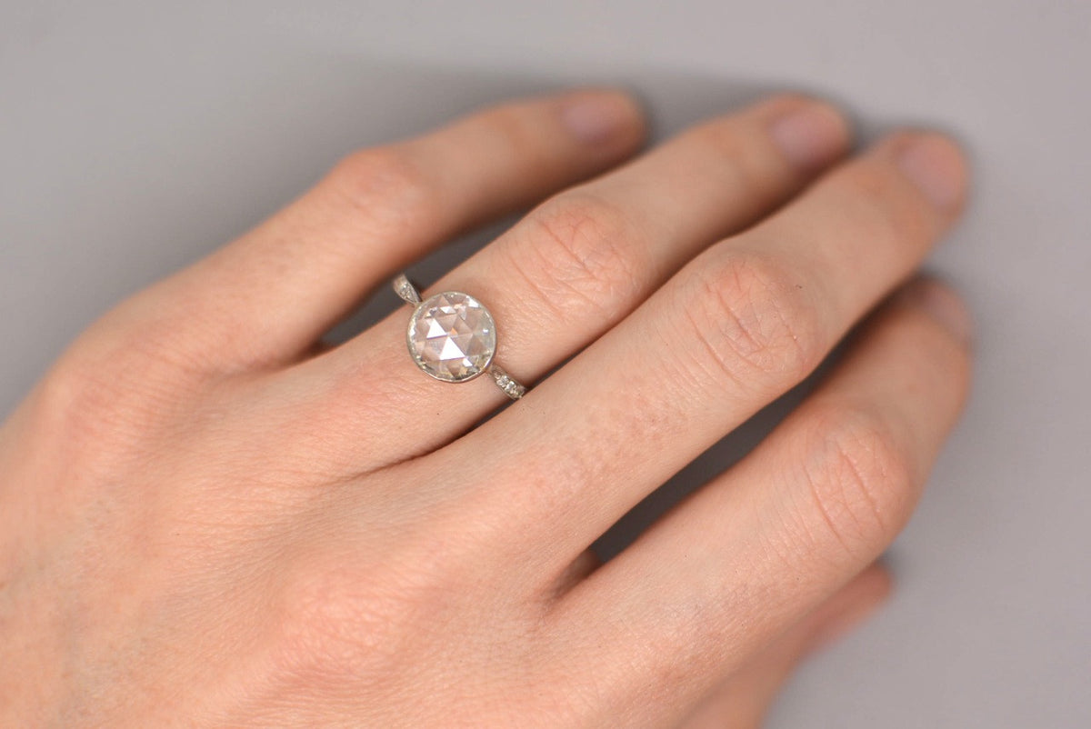 1.51ctw Art Deco / Mid-Century 1.31ct Bezel Set Rose Cut Diamond Engagement Ring in Platinum with .20ctw Single Cuts