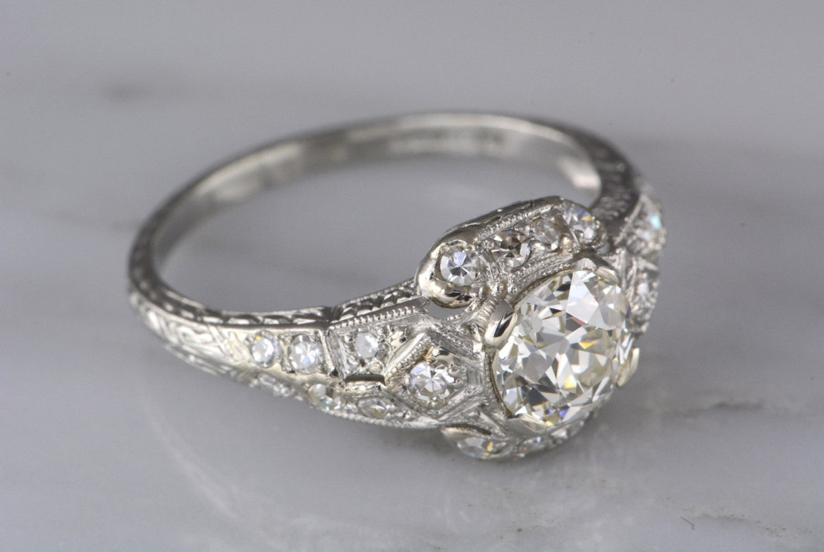 1.62ctw Edwardian Platinum Engagement Ring with 1.07ct VVS-VS Old European Cut Diamond and .55ctw Single Cuts