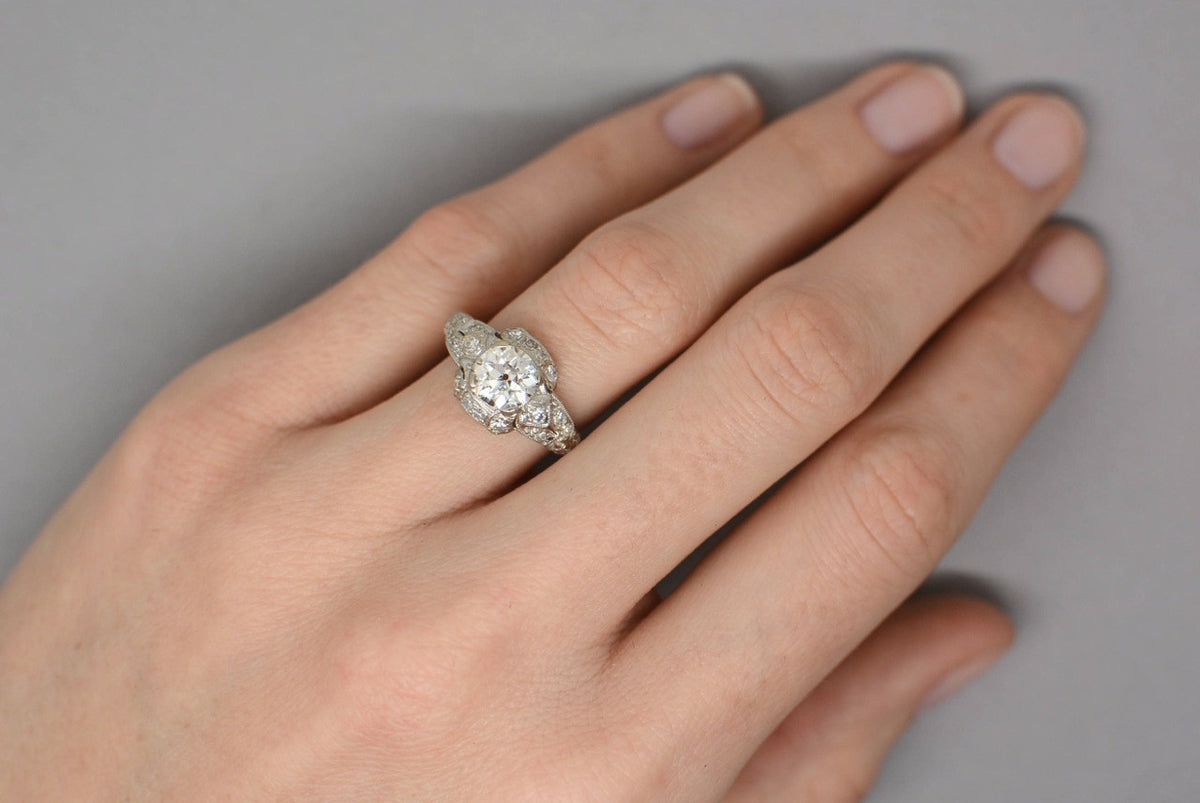 1.62ctw Edwardian Platinum Engagement Ring with 1.07ct VVS-VS Old European Cut Diamond and .55ctw Single Cuts