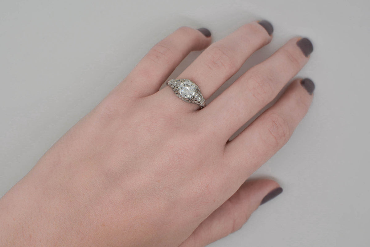 1.30 Carat Old European Cut Diamond and Platinum Art Nouveau / Edwardian Engagement Ring with Single Cut Diamond Accents