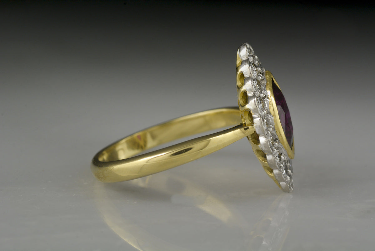 Retro Ruby and Diamond Navette Ring in Yellow Gold and Platinum