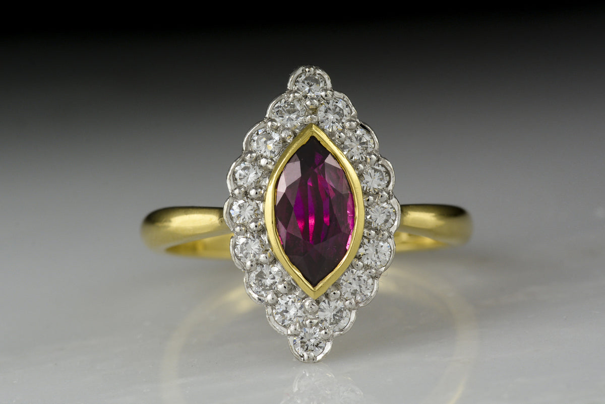 Retro Ruby and Diamond Navette Ring in Yellow Gold and Platinum