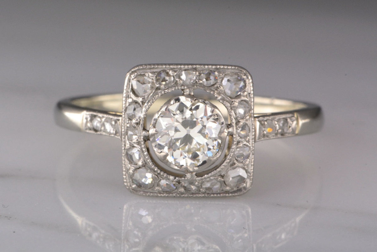 Early Art Deco Old European Cut Diamond and Platinum Engagement Ring with Rose Cut Accents