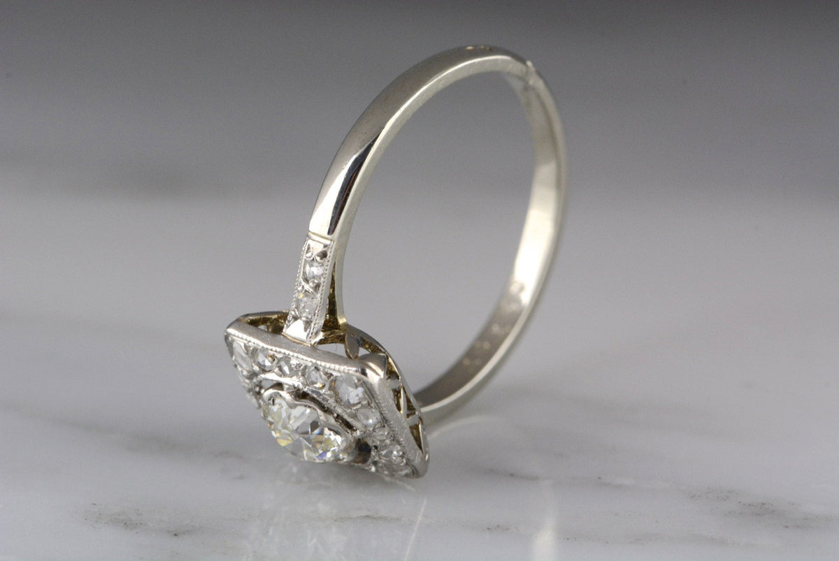 Early Art Deco Old European Cut Diamond and Platinum Engagement Ring with Rose Cut Accents