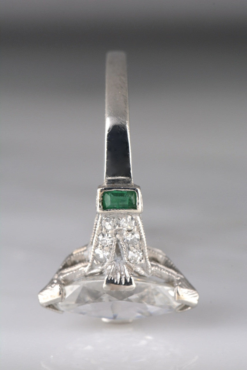 1.60ctw Edwardian / Art Deco Platinum Engagement Ring with 1.35ct Marquise Cut Diamond with Emerald and Single Cut Accents