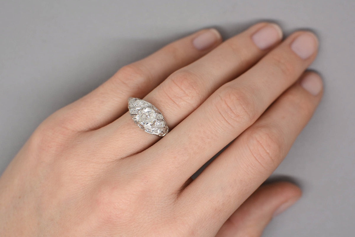 Edwardian, Early Art Deco Engagement Ring in Platinum with Old Mine Cut Cut Diamond; Filigree; Engraving R664