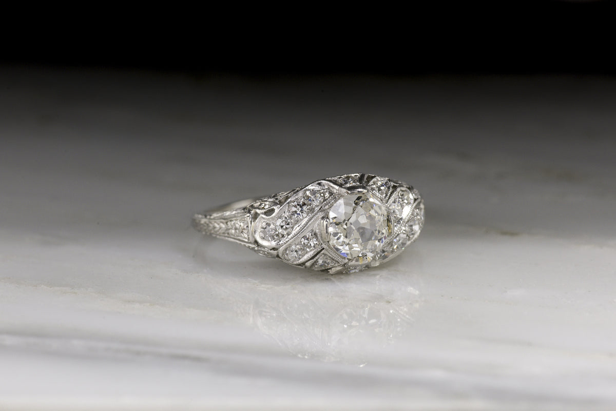 Edwardian, Early Art Deco Engagement Ring in Platinum with Old Mine Cut Cut Diamond; Filigree; Engraving R664