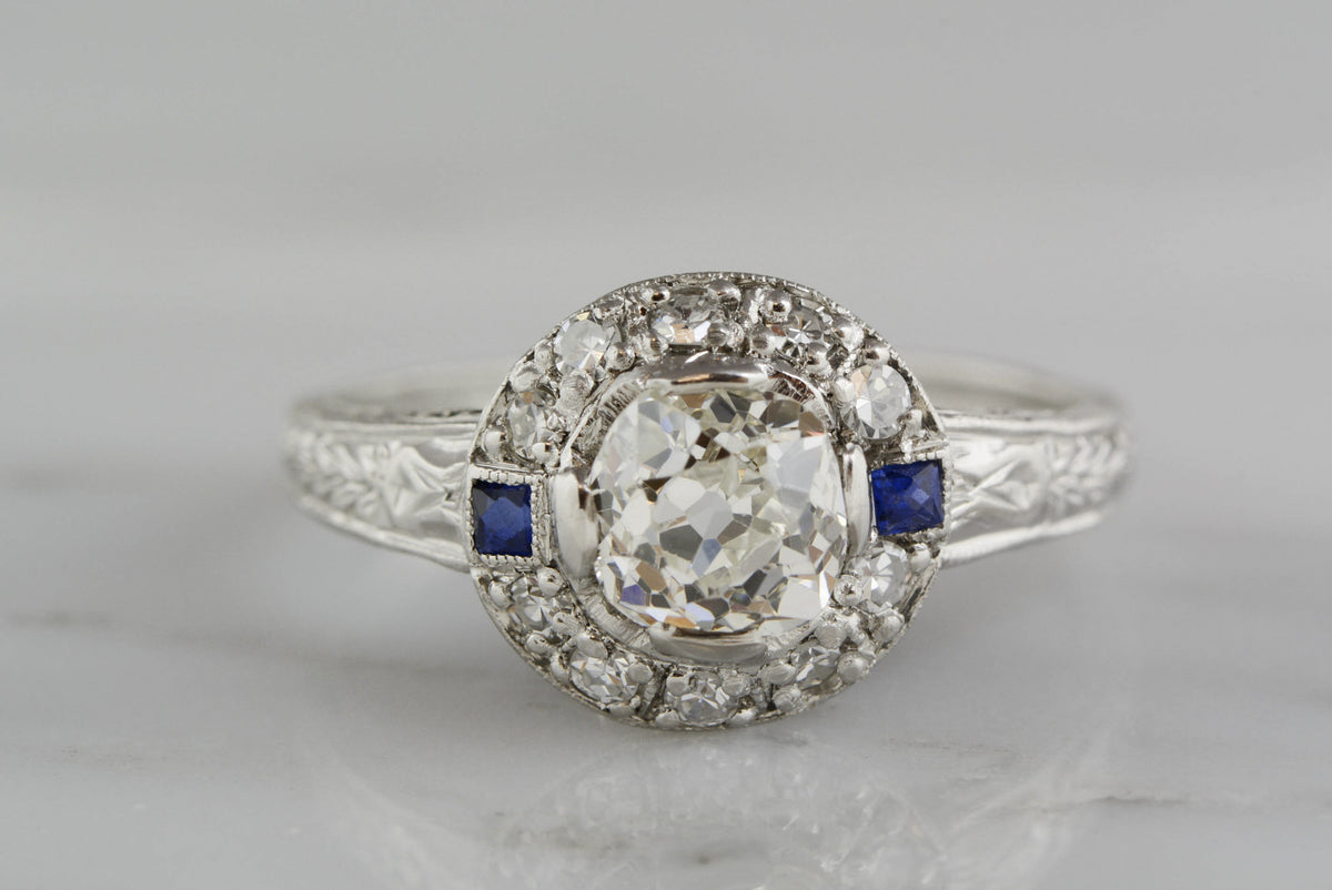 .95 Carat Old Mine Cushion Cut Diamond Edwardian / Art Deco Engagement Ring with .35ctw Single Cut Diamonds and Sapphire Accents