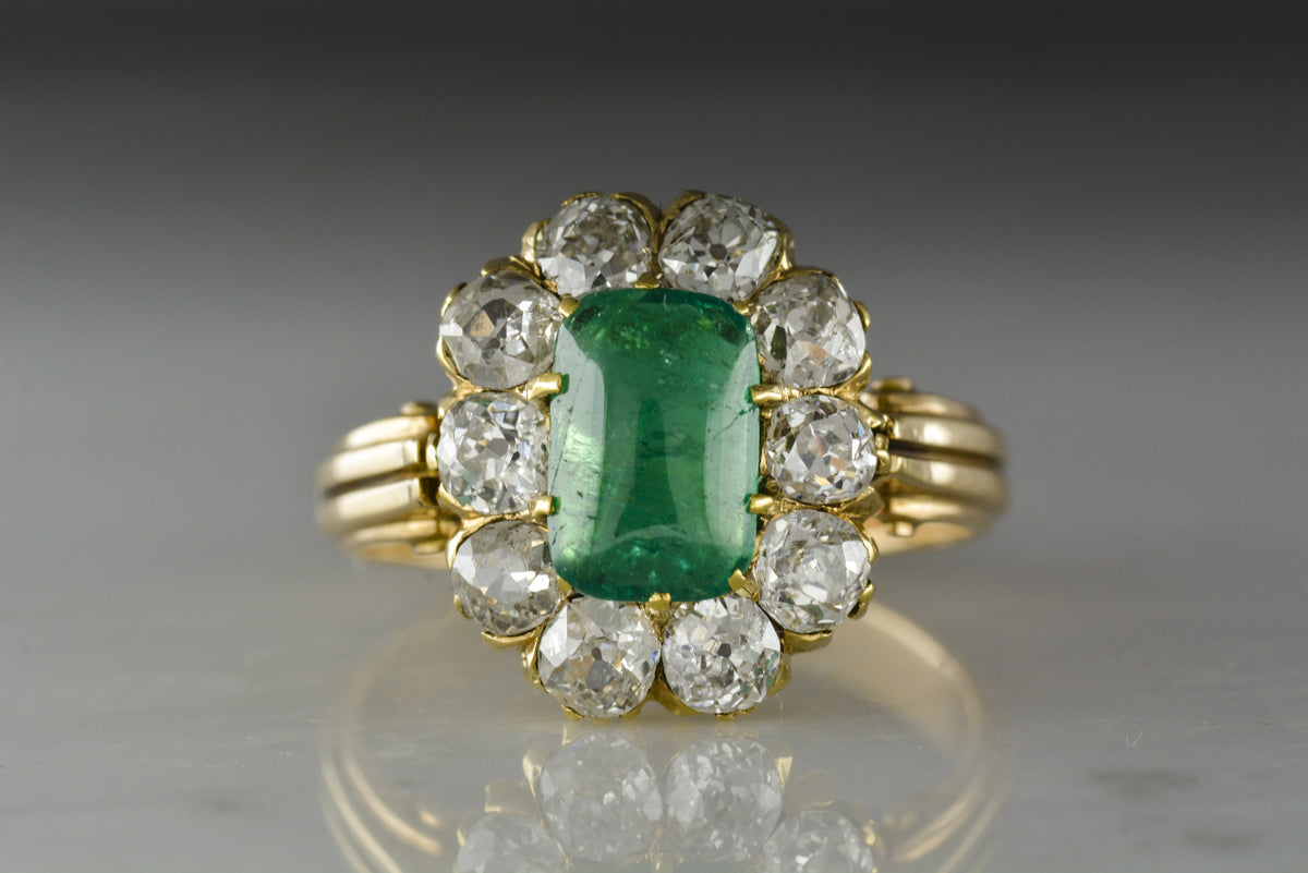 Antique Victorian Rectangular Cabochon Cut Colombian Emerald in Rose Gold with Old Mine Cut Diamonds