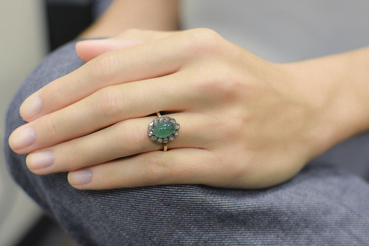Antique Late Georgian / Early Victorian Cluster Ring with Cabochon Cut Colombian Emerald Center