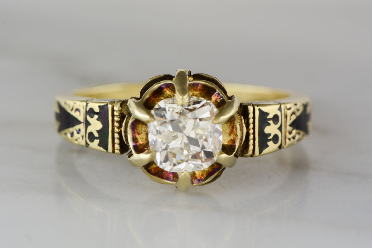 1.10 Carat Old Mine Cushion Cut Diamond in Victorian 14K Yellow Gold Buttercup Mount with Black Enamel