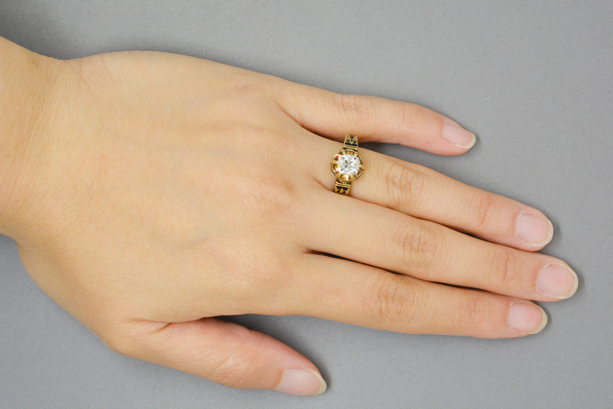 1.10 Carat Old Mine Cushion Cut Diamond in Victorian 14K Yellow Gold Buttercup Mount with Black Enamel
