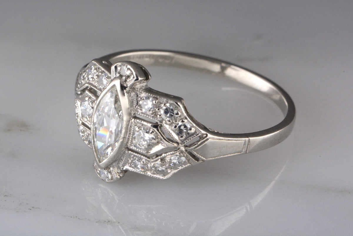 .75ctw Art Deco Platinum Engagement or Cocktail Ring with .55ct Marquise Cut Diamond Center