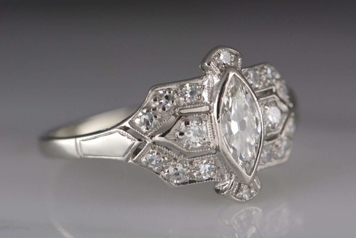 .75ctw Art Deco Platinum Engagement or Cocktail Ring with .55ct Marquise Cut Diamond Center