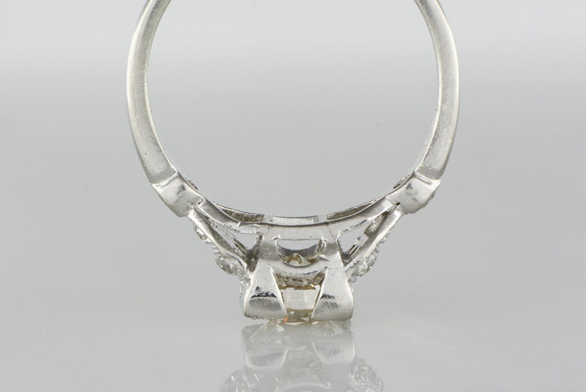 Antique .85 Carat Old European Cut Diamond in c. 1920 Art Deco / Late-Edwardian Platinum Engagement Ring with .35 Carats Diamond Accents (1.20 ctw)