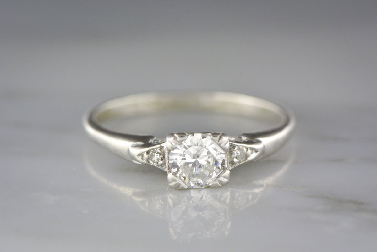 Art Deco / Mid Century .40 carat Transitional Early Round Brilliant Cut Diamond in Platinum Engagement Ring with Diamond Accents