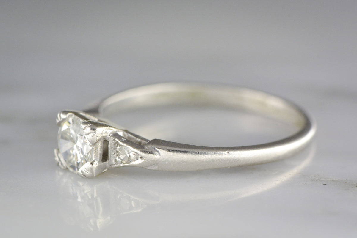 Art Deco / Mid Century .40 carat Transitional Early Round Brilliant Cut Diamond in Platinum Engagement Ring with Diamond Accents