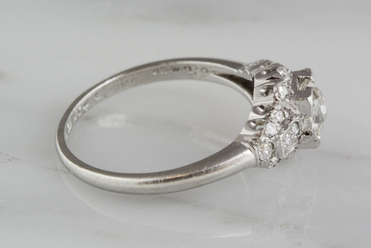.75 ctw Platinum Engagement Ring with .40ct Old Mine Cut Diamond and .35ctw Single Cut Diamond Accents
