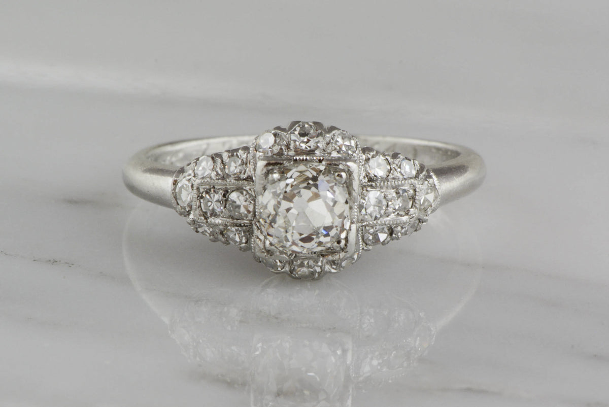 .75 ctw Platinum Engagement Ring with .40ct Old Mine Cut Diamond and .35ctw Single Cut Diamond Accents