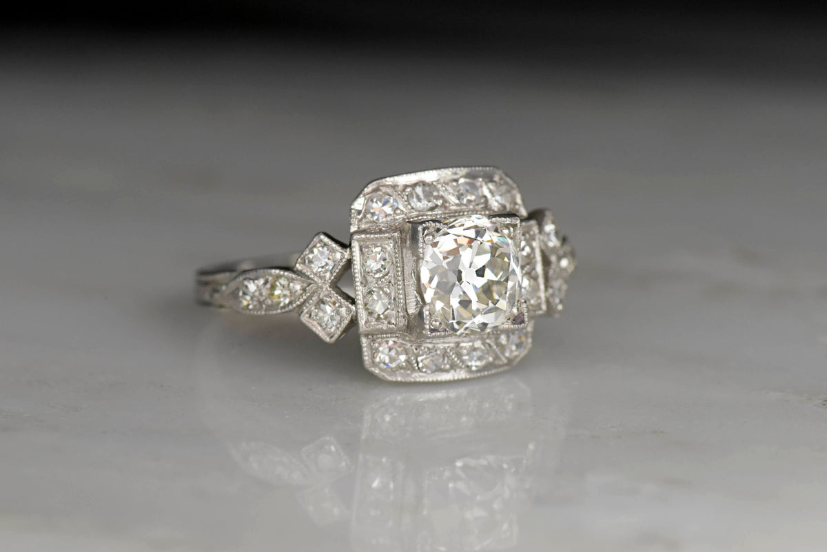 Early Art Deco Engagement Ring with a Box-Set Old Mine Cut Diamond and Geometric Shoulders