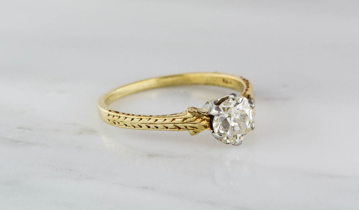 .75 Carat Old Mine Cut Diamond in Engraved 18K Yellow Gold Victorian Engagement Ring
