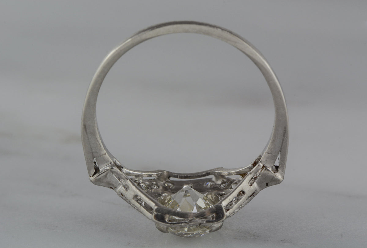 1.45 Carat Old Mine Cushion Cut Diamond in Platinum Art Deco Engagement / Cocktail Ring (1.70 ctw)