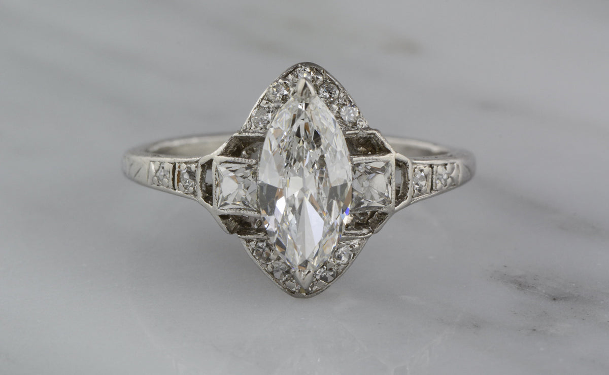 1.10 Carat Marquise Cut Diamond in Platinum Art Deco Engagement Ring with French Cut Diamond Accents R829