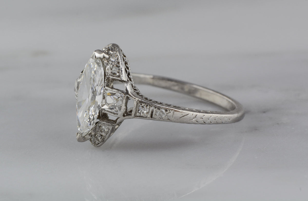 1.10 Carat Marquise Cut Diamond in Platinum Art Deco Engagement Ring with French Cut Diamond Accents R829